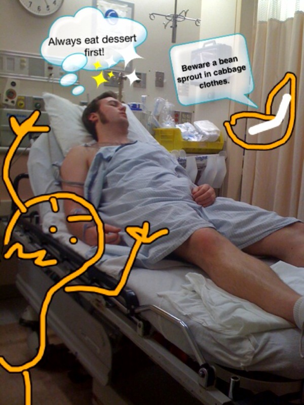 allergic-reaction-hospital An iPhone picture made comical warning by my girlfriend Jessi as antihistamines led me to hospital bed dozing.