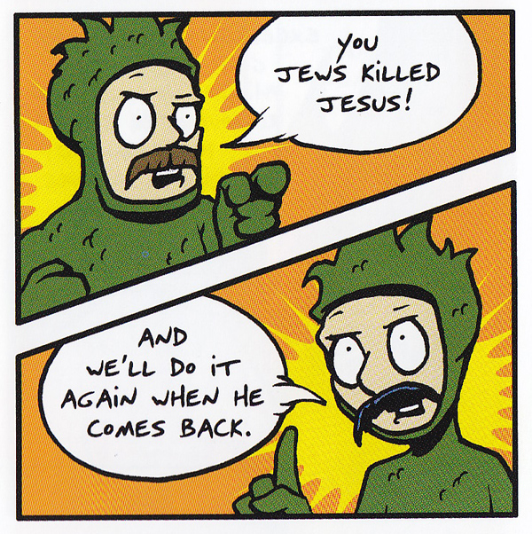 goats-panels-1web Two men dressed in parrot suits and wearing fake mustaches, stating a "beef" that is not the basis of their initial argument.
