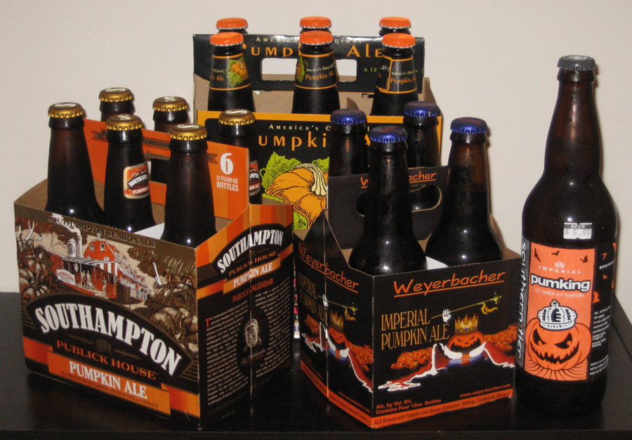 pumpkin-beers-rd1 The first four brews that will be covered in "The Great Pumpkin Beer Hunt and Review Festival of 2009." (Click to Enlarge)